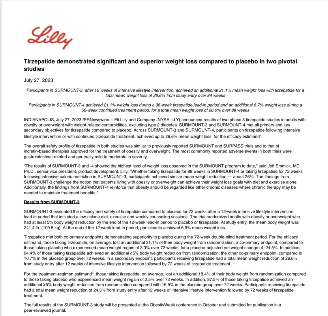 👉 Results SURMOUNT-3

🔹#tirzepatide vs placebo - over 72/52 in #obesity 

🔸after 12/52 Intensive Lifestyle Intervention lead-in (#LCD + exercise + weekly counselling)

🔹6.9% ⤵️weight in lead-in

👉tirezepatide further ⤵️ 21.1% #WeightLoss 💪
👉placebo ⤴️ 3.3% weight 

🔗