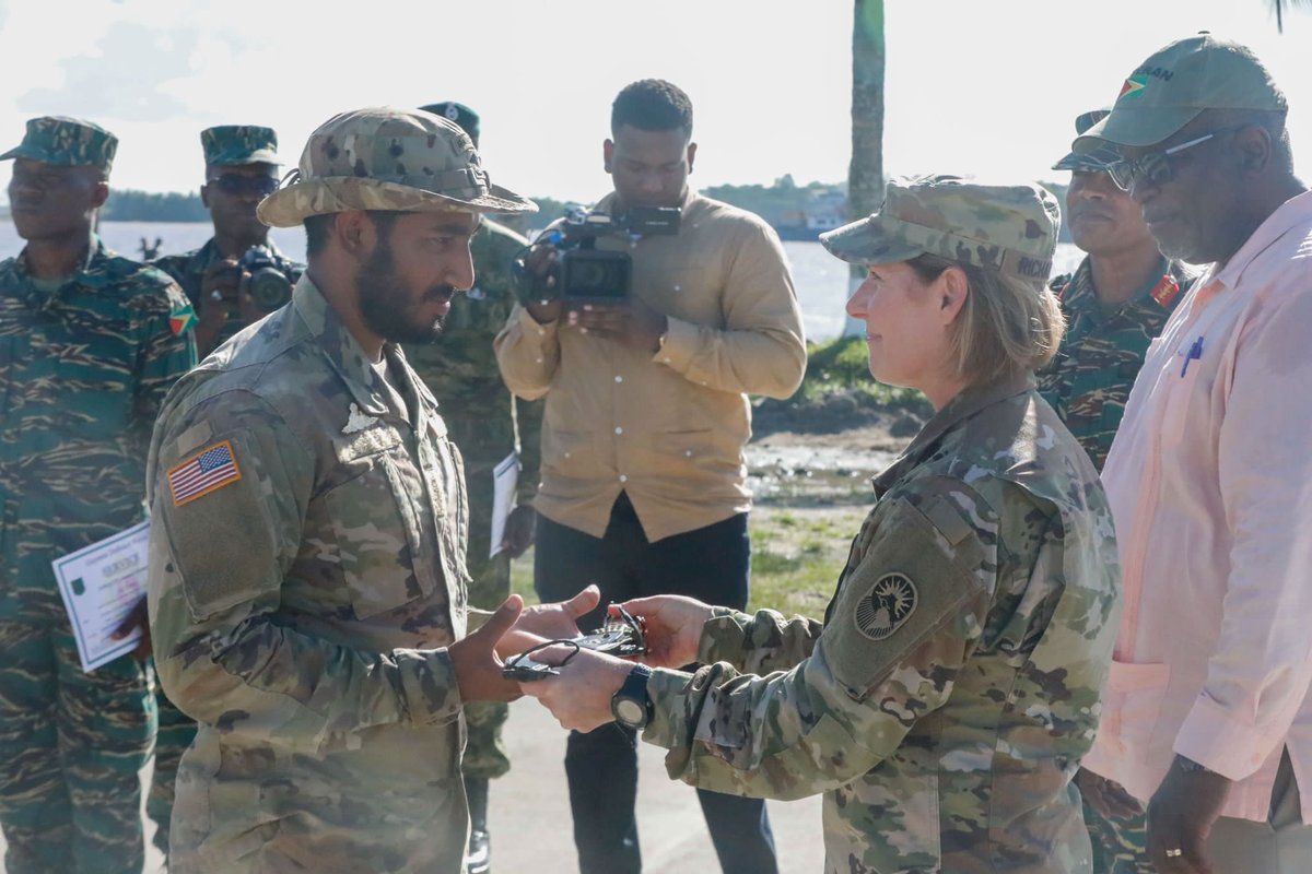 Southcom's tweet photo. #SOUTHCOM Commander Gen. Laura Richardson &amp; @USAmbGuyana yesterday observed U.S. &amp; multinational service members conducting public order &amp; small boat training during #Tradewinds23 in Guyana. The Caribbean-focused exercise includes forces from 20+ nations. @EmbassyGuyana https://t.co/OwrxUnz0cq