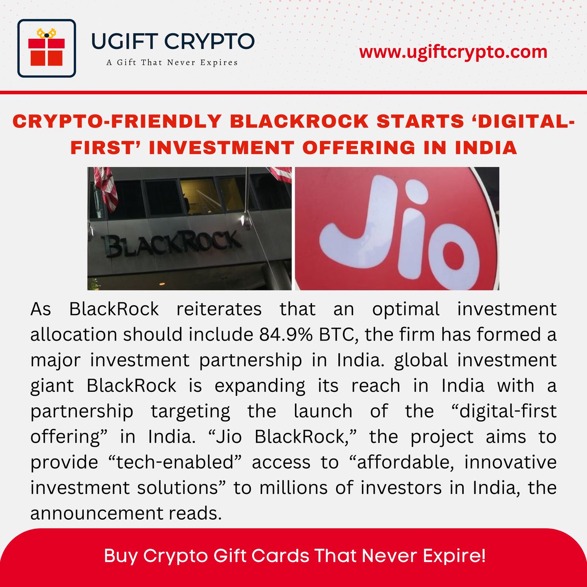 giftcryptotoken's tweet photo. Crypto-friendly BlackRock starts ‘digital-first’ investment offering in India “Jio BlackRock”
Buy Crypto Gift Cards That Never Expire!
#JioBlackRock #blackrock #indiacrypto #cryptocurrency #indiacryptocurrency #crypto #bitcoinindia #india #bitcoin #cryptoindia #cryptonews #nft https://t.co/TJ49DeD8as