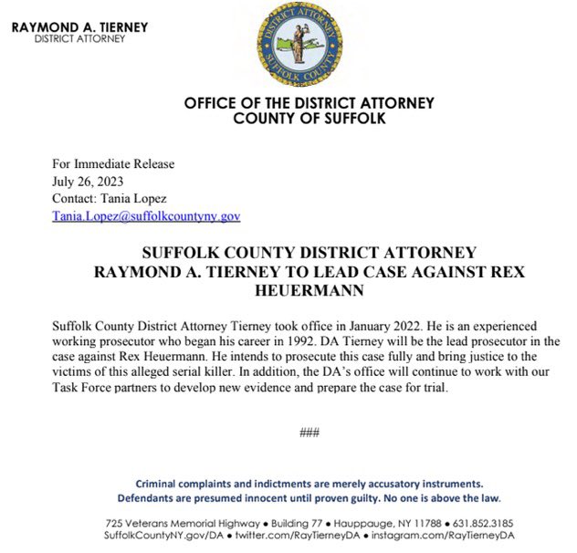 downtothewoods's tweet photo. In a rare move,  Suffolk County DA Ray Tierney will be the lead prosecutor against accused Gilgo serial killer Rex Heuermann

A statement has been released 👌

#LISK #rexheuermann https://t.co/jwzawpgNPX