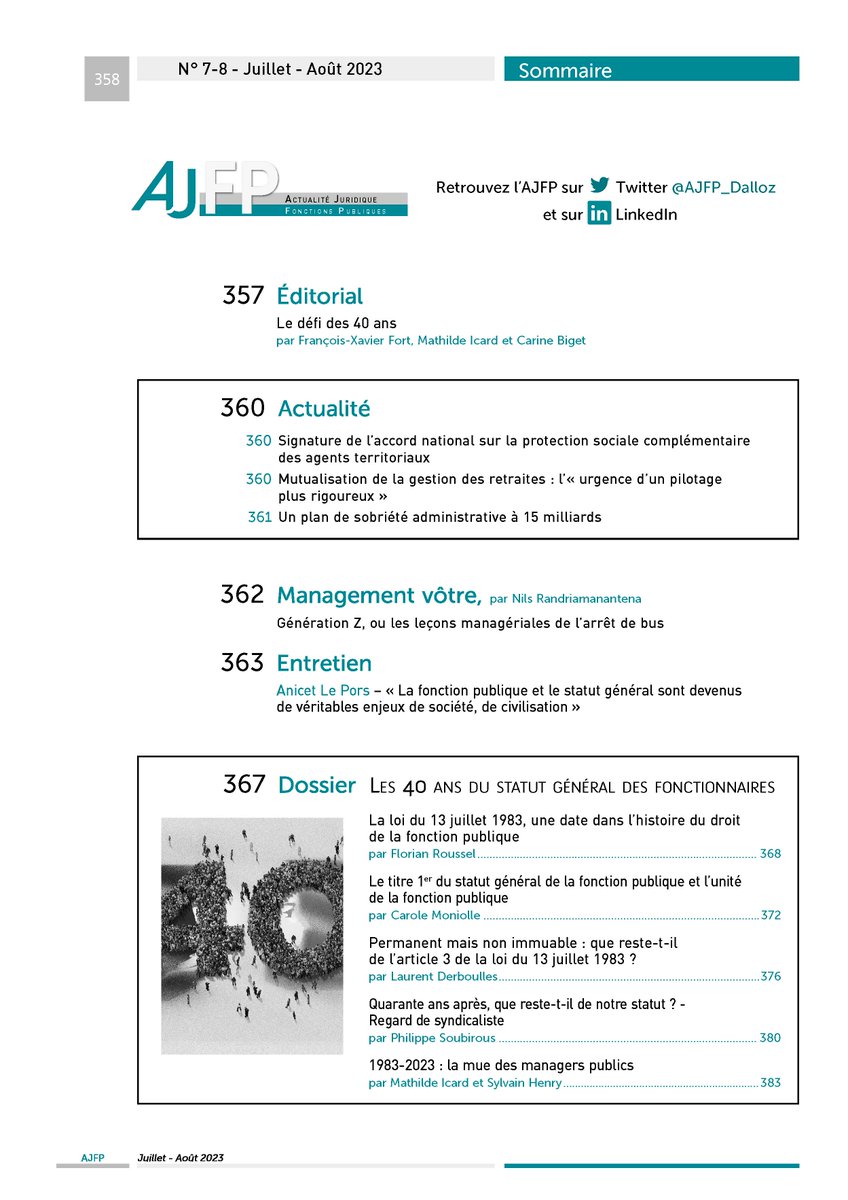 AJFP_Dalloz's tweet photo. 🔔Le numéro de juillet-août de l’AJFP, consacré aux 40 ans du statut général des fonctionnaires, est disponible en papier ainsi que sur Dalloz Revues et sur https://t.co/DtNl0OQijy
Bonne lecture !
#fonctionpublique – #AJFP #NouvelleFormuleAJFP https://t.co/hr66iQakc8