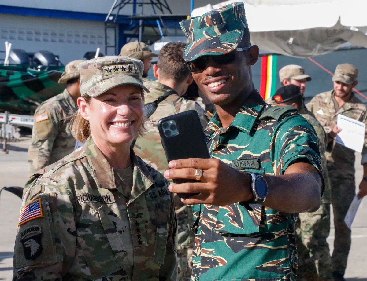 Southcom's tweet photo. #SOUTHCOM Commander Gen. Laura Richardson &amp; @USAmbGuyana yesterday observed U.S. &amp; multinational service members conducting public order &amp; small boat training during #Tradewinds23 in Guyana. The Caribbean-focused exercise includes forces from 20+ nations. @EmbassyGuyana https://t.co/OwrxUnz0cq