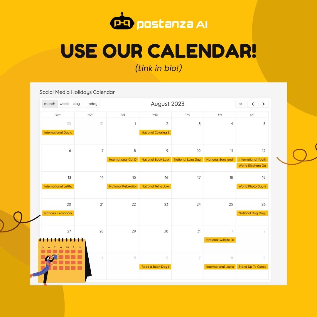Postanza_ai's tweet photo. August is filled with special days, from #NationalLazyDay to #TellAJokeDay. So tap into your brand's identity and create shareable moments that drive engagement.π
π
Use #PostanzaAI's #socialmediacalendar to identify more relevant days: https://t.co/EHSfS0iBhK https://t.co/0eEEoYR26b