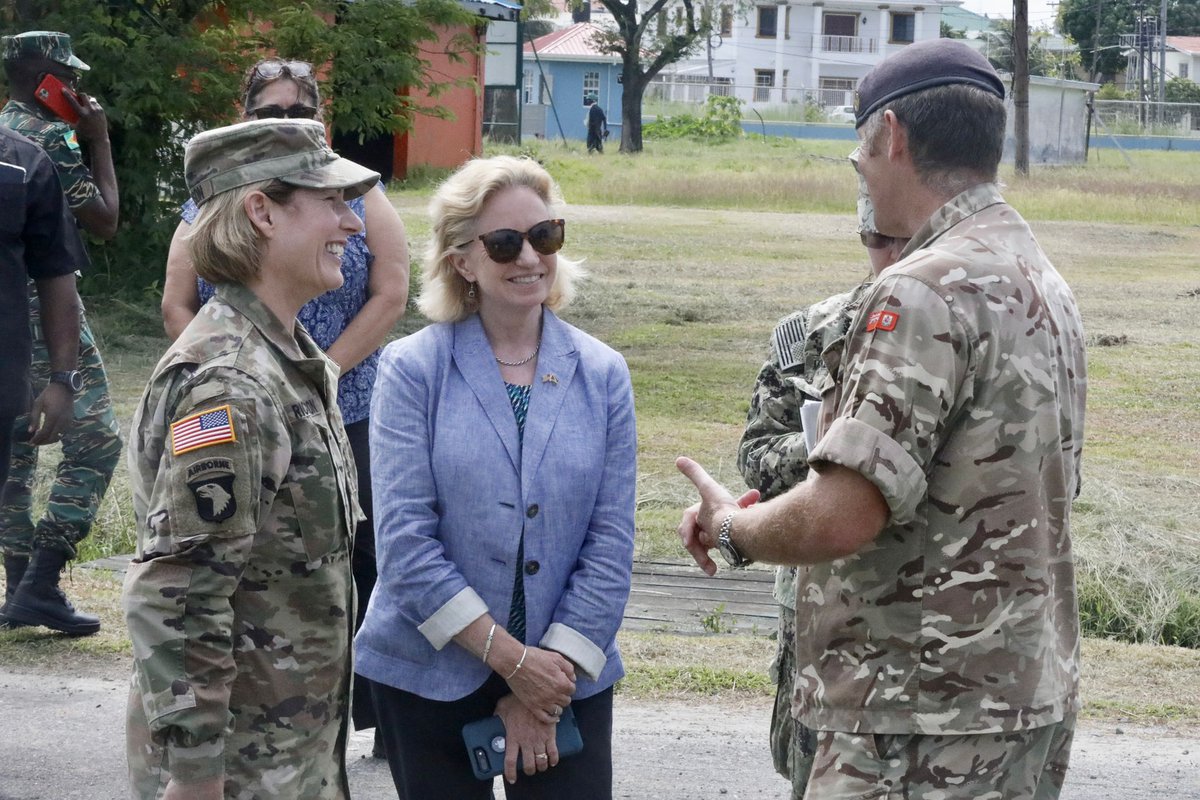 Southcom's tweet photo. #SOUTHCOM Commander Gen. Laura Richardson &amp; @USAmbGuyana yesterday observed U.S. &amp; multinational service members conducting public order &amp; small boat training during #Tradewinds23 in Guyana. The Caribbean-focused exercise includes forces from 20+ nations. @EmbassyGuyana https://t.co/OwrxUnz0cq