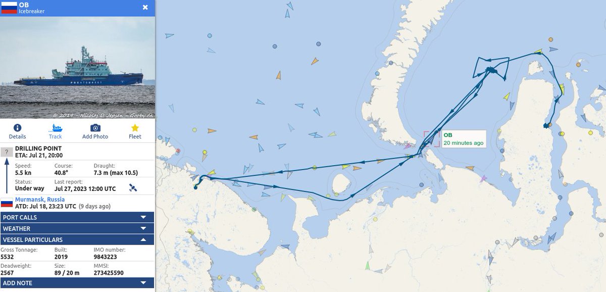 Railotech's tweet photo. Atomflot's port #icebreaker Ob left its summer moorings in Murmansk last week for "DRILLING POINT". After drifting in the Kara Sea for a few days, it returned to the Kara Gates to intercept Gazprom's drilling jack-up Arcticheskaya.

(AIS data via @VesselFinder)

#ARC124 https://t.co/HVHp18YfE4