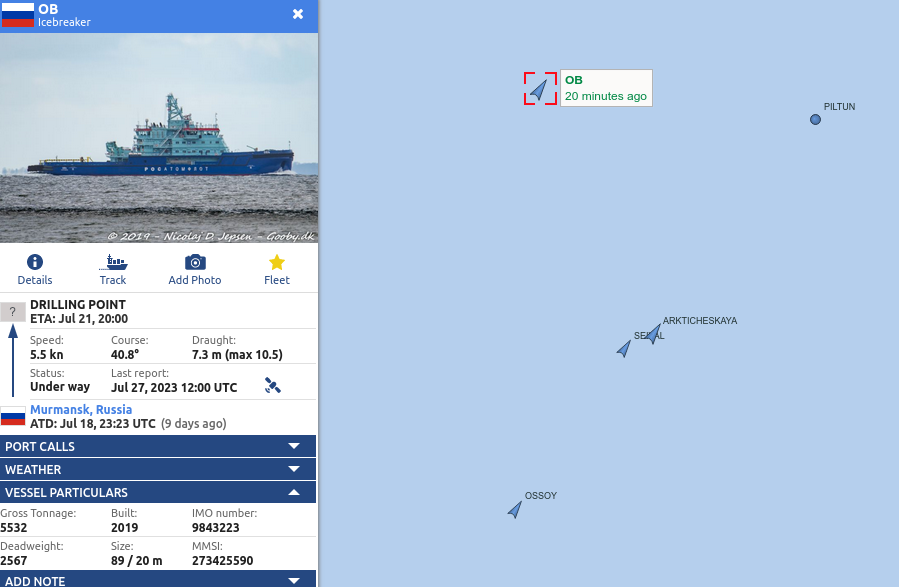 Railotech's tweet photo. Atomflot's port #icebreaker Ob left its summer moorings in Murmansk last week for "DRILLING POINT". After drifting in the Kara Sea for a few days, it returned to the Kara Gates to intercept Gazprom's drilling jack-up Arcticheskaya.

(AIS data via @VesselFinder)

#ARC124 https://t.co/HVHp18YfE4