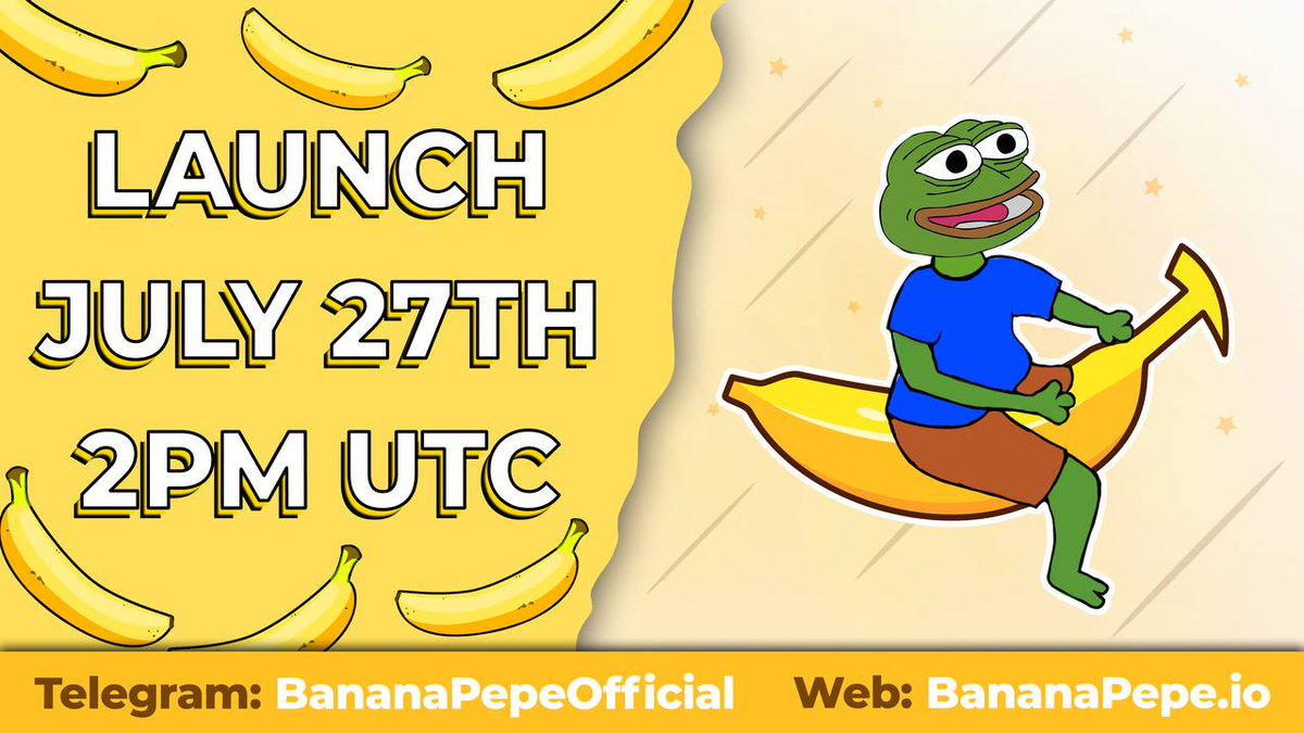 Hold up your breathe guys
Just 2 hours left in launch

#BANANA_PEPE 

🚀🚀 Stealth Launch: TODAY 2PM UTC 🚀🚀

Supply: 100,000,000 BAPEPE
Initial Market cap.  2k
Initial Price: 0.00002$
Distribution: 100% Token to Liquidity (0% to Team)
Tax: 5% Buy and 5% Sell
KYC : YES
AUDIT: