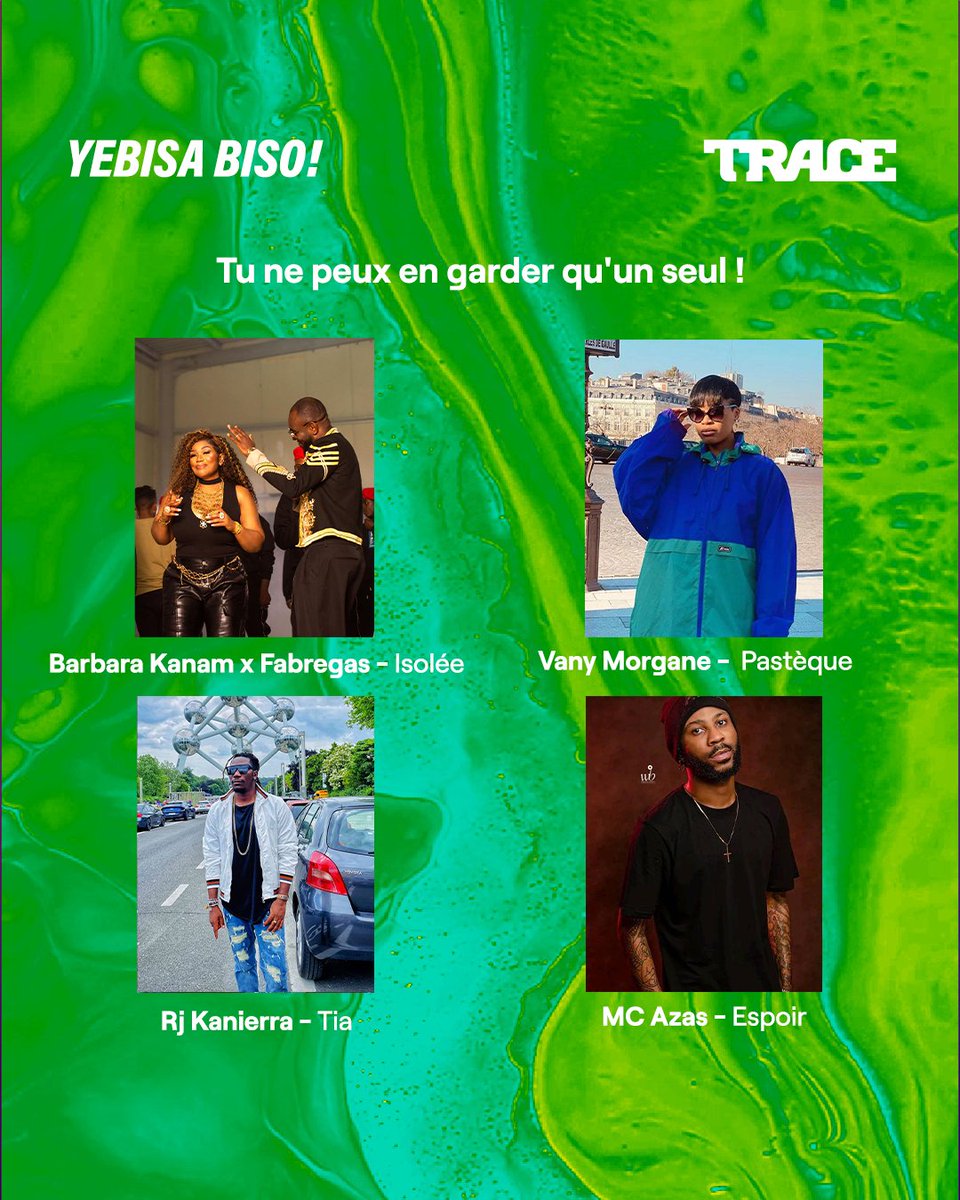 tracecongo's tweet photo. Tu ne peux garder qu'un seul single, quelle chanson pour toi 😃 ?

1. Isolée @BKafricandiva x
2. Pastèque #VanyMorgane
3. Tia #RjKanierra
4. Espoir #MCAzas

#PremierSurLesHits #TraceCongo
#TraceKitoko #RDC https://t.co/nrgNqaVgss