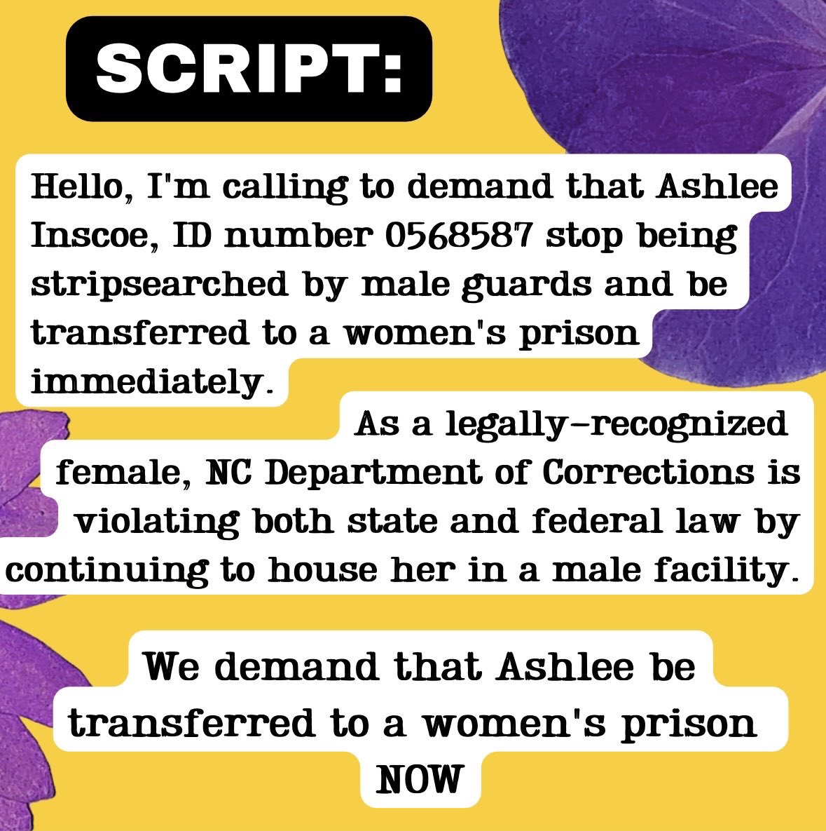 Ashlee Inscoe needs your help today. She asked us to get folks to call the bastards at Nash correctional and the bastards in Raleigh to demand that she be transferred to a women’s facility.
