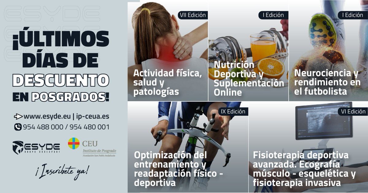 ESYDE_Formacion's tweet photo. 💥Aprovecha el descuento que tenemos en nuestros posgrados hasta el 31 de julio❗
@CEUAndalucia
#master #posgrados #masterpropio #nutricion #futbol #salud #fisioterapia #entrenamiento https://t.co/goeBZExWmI