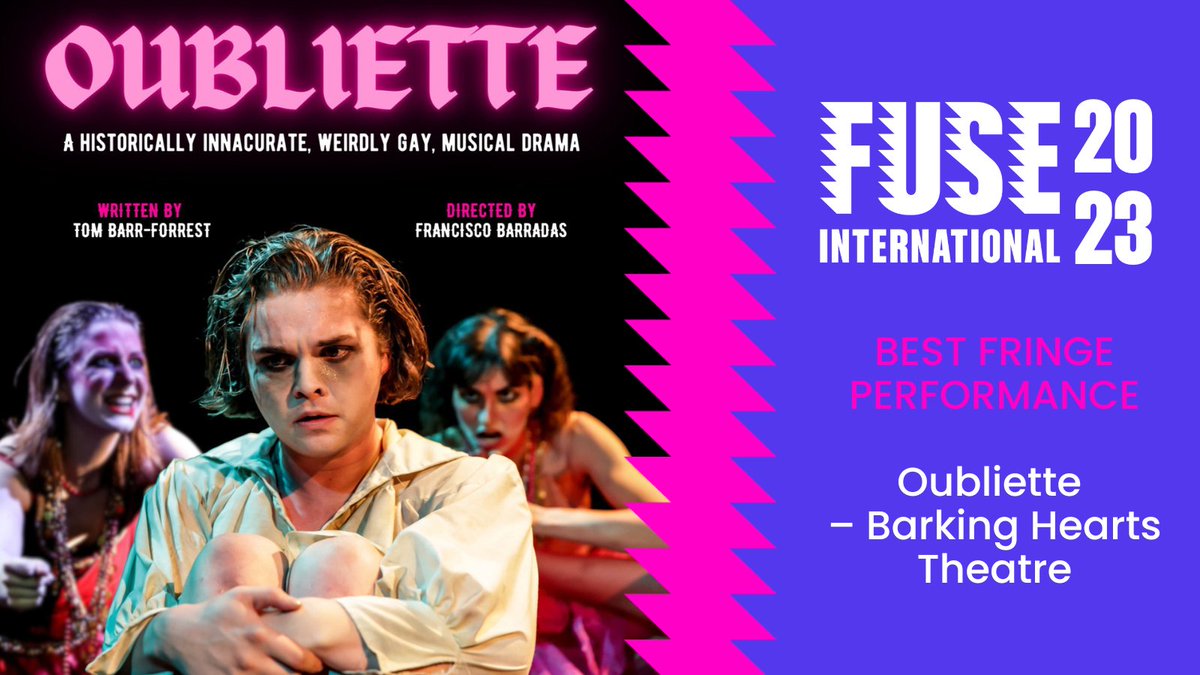 FUSE_IntFest's tweet photo. Best Fringe Performance goes to Oubliette by @Barking_Hearts. Written by @tomforrest15 and directed by @franbarradas_ https://t.co/qGaznGMJtt