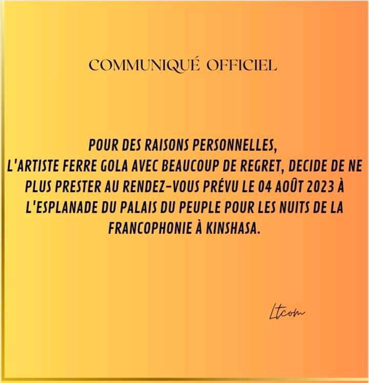 BasangoNabiso's tweet photo. L'article musicien @ferregola annule sa prestation prévue pour les nuits de la francophonie.
Il semblerait que les organisateurs n'ont honoré leurs obligations et ils exigent le 10% de commission @kinshasa2023 https://t.co/bn9qJ7aOzM