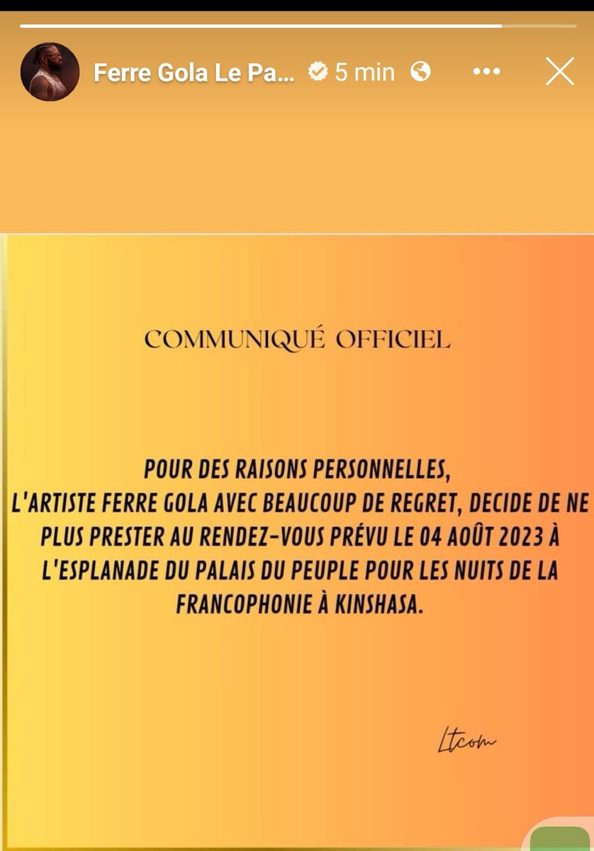 BasangoNabiso's tweet photo. L'article musicien @ferregola annule sa prestation prévue pour les nuits de la francophonie.
Il semblerait que les organisateurs n'ont honoré leurs obligations et ils exigent le 10% de commission @kinshasa2023 https://t.co/bn9qJ7aOzM