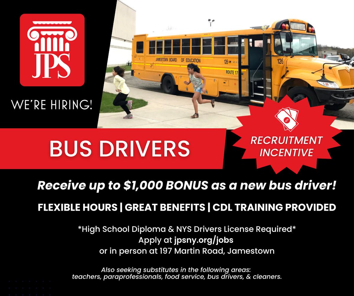 JamestownSchool's tweet image. 🚌🚍 Drive our students to excellence! 🌟 JPS is hiring Bus Drivers, and we have exciting news - up to $1,000 signing bonus awaits you! 🚍💰 Don't miss this rewarding opportunity! 🛣️ 

🔗 APPLY: jpsny.org/jobs. 

#NowHiring #BusDriverJobs #SigningBonus 🚦