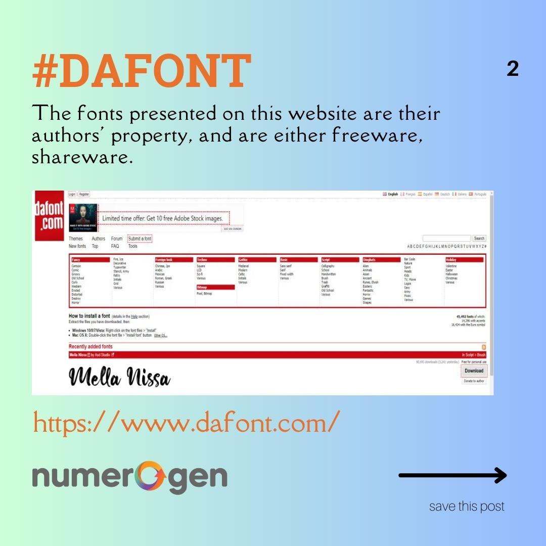 NumerogenS's tweet image. 💡 𝐭𝐨𝐩 𝟓 𝐰𝐞𝐛𝐬𝐢𝐭𝐞𝐬 𝐭𝐨 𝐟𝐨𝐧𝐝 𝐟𝐫𝐞𝐞 𝐟𝐨𝐧𝐭𝐬! 𝐒𝐚𝐯𝐞 𝐢𝐭 𝐧𝐨𝐰! 🤩

1. dafont.com

2. fontspace.com

3. fontbundles.net

4. urbanfonts.com

5. fontsquirrel.com

.For More Info
Website : numerogen.com