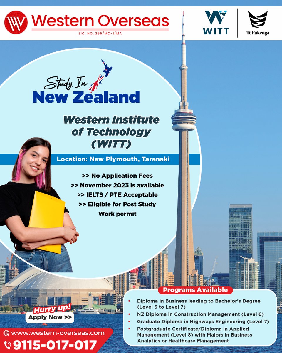westernoverseaa's tweet image. Visit #westernoverseas and pursue further study in Western Institute of Technology (WITT), New Zealand, where learning intertwines with natural wonders, creates an unforgettable educational journey filled with growth.

Apply for November 2023 Intake:
Call 9115017017

#studyinnz