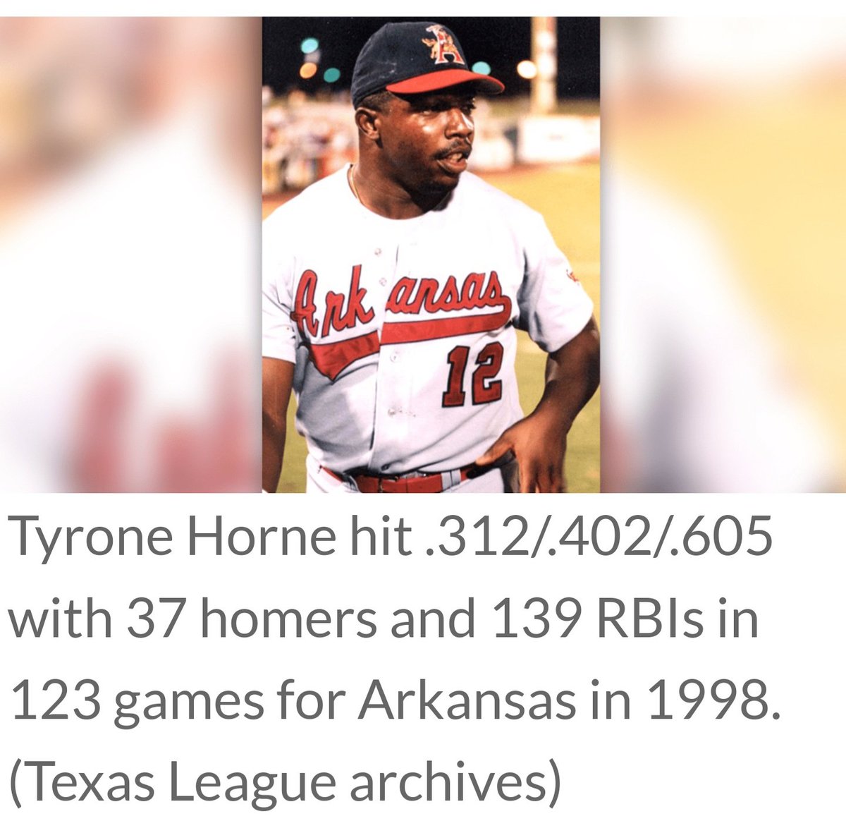 Here's a baseball record, never done before..

On July 27, 1998, playing for the Arkansas Travelers of the Double-A Texas League, (Roger) Tyrone Horne hit four home runs in a 13-4 victory at San Antonio.  Horne's 'home run cycle' has yet to be replicated.

https://t.co/rfvGVIabvH https://t.co/GCYwwYdAVD