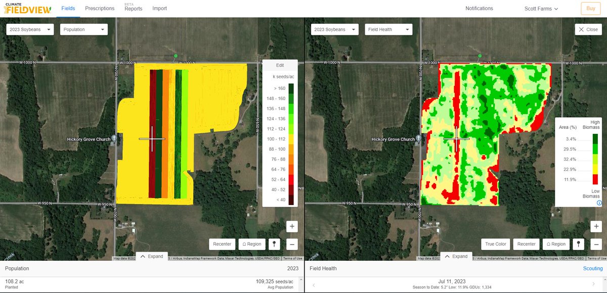 thefarmerslife's tweet photo. Soybean pops. 40k vs 200k planted on tailgate. 40 single plant way more yield potential, but didn't all come up. 40 is the red strip on @FieldView map. Back that up with a drone shot of 40 on the left, 200 middle, 80 on right. Anxious to harvest! #fieldviewpartner #lowpopmafia https://t.co/39RljjocFs