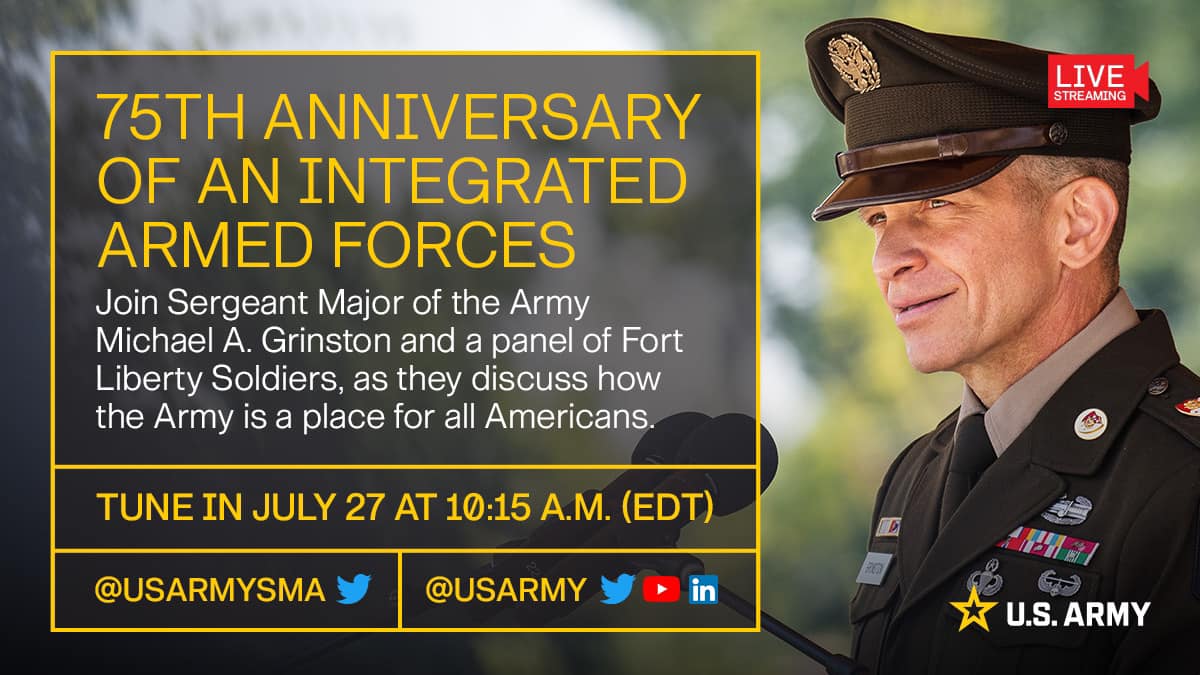 HAPPENING TODAY: Tune in at 10:15 a.m. on <a href="/USArmy/">U.S. Army</a>SMA, @USArmy and @FORSCOM's Twitter accounts!

Join SMA Michael A. Grinston and a panel of Fort Liberty #Soldiers, as they discuss how the U.S. Army is a place of all Americans.

#BeAllYouCanBe #PeopleFirst #ArmyTeam