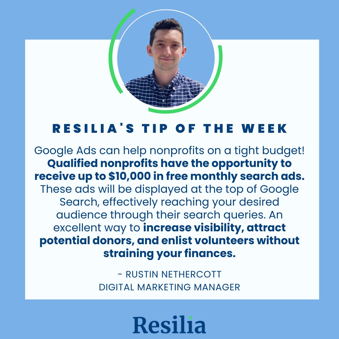 Boost your nonprofit's reach with Resilia's #TipOfTheWeek ⭐ 

Meet Rustin Nethercott, our passionate Digital Marketing Manager with an unwavering commitment to finding valuable resources for nonprofits! 🌍🔍

#nonprofits #googleads #digitalmarketingmagic #techforgood
