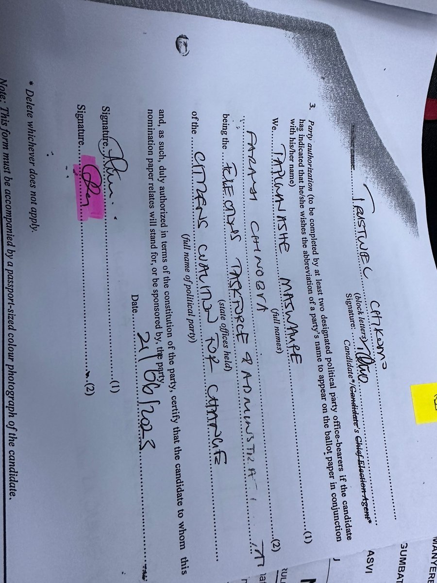 2/2 As to the 3 documents below, the unmarked one shows the specimen signature given to ZEC. The one in pink depicts that same signature on the legitimate nomination forms. The one in green is by one of the double candidates. Come to your own conclusions Zimbabwe