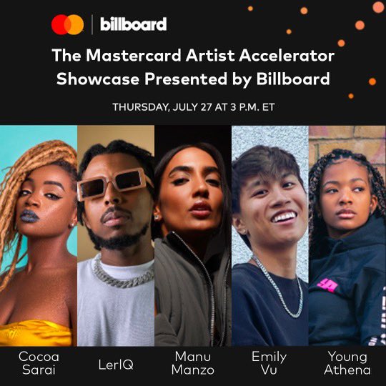 Interested in the intersection of AI and music?

Tune into the <a href="/Mastercard/">Mastercard</a> Artist Accelerator Showcase livestream — today, Thursday, July 27 @ 3PM ET — to hear AI-driven singles from five up-and-coming artists around the world.

These songs will also be available as NFTs on the