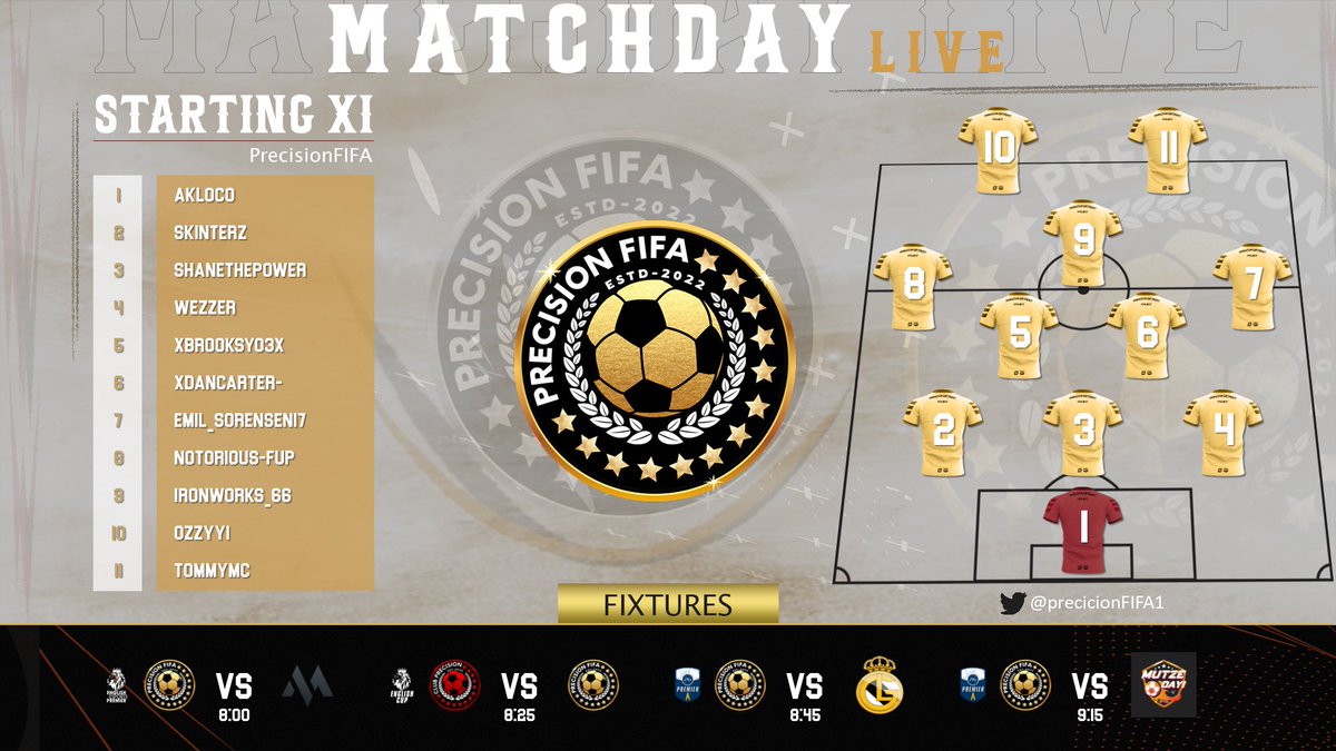Precision FIFA (@precisionfifa1) on Twitter photo ⚽️ Match Day 6 ⚽️
Competing in English Premier & Premier A.
Cup games against <a href="/ClubPrecision1/">Club Precision</a> is a default win.
<a href="/LosGala_/">Los Galácticos</a>
<a href="/FcMutze1905/">Fc Mütze 1905</a> ⚽️ Match Day 6 ⚽️
Competing in English Premier & Premier A.
Cup games against <a href="/ClubPrecision1/">Club Precision</a> is a default win.
<a href="/LosGala_/">Los Galácticos</a>
<a href="/FcMutze1905/">Fc Mütze 1905</a>