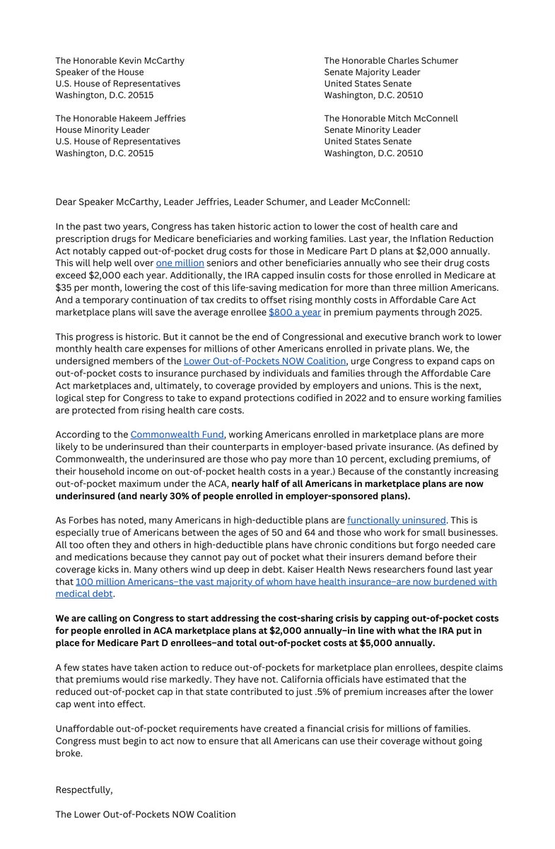 loopcoalition's tweet image. The Lower Out-of-Pockets NOW Coalition sent a letter to Congress calling on them to introduce bipartisan legislation to begin reducing Americans’ exposure to absurdly high out-of-pocket requirements.

A huge thank you to all the LOOP NOW Coalition members!

See the letter below: