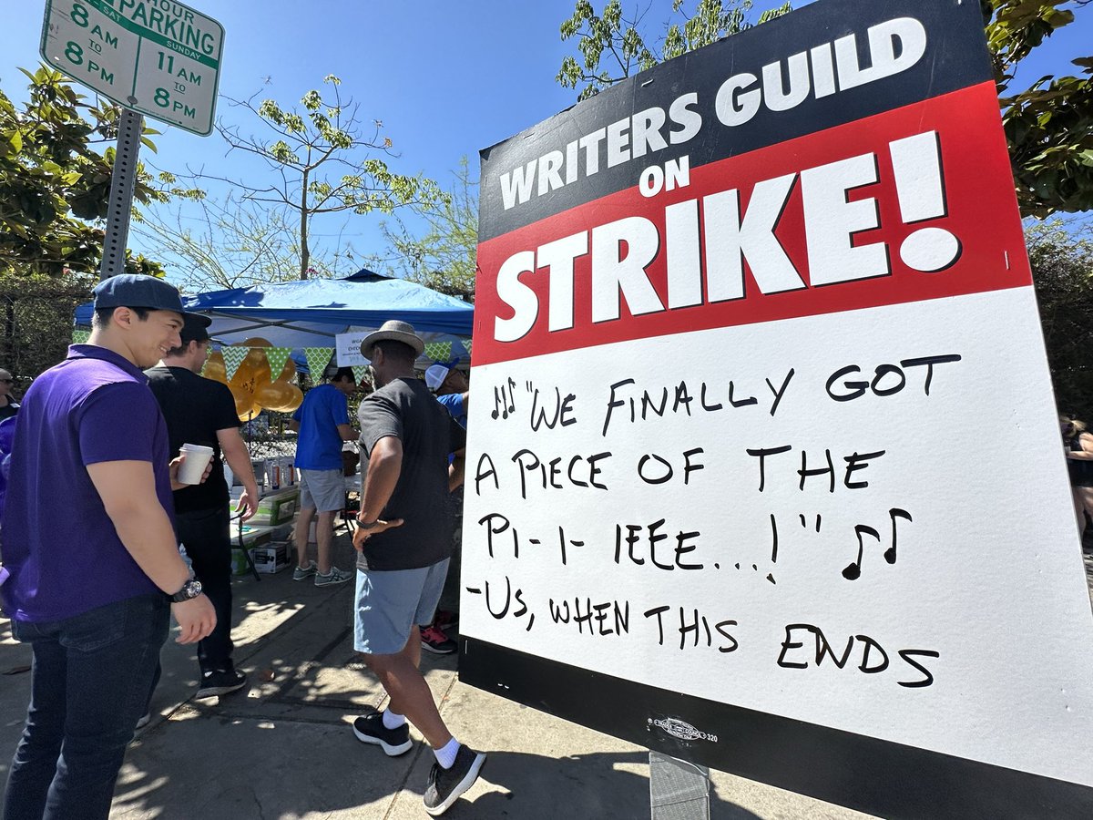 flying_lobster's tweet photo. Day 87. The Emerson picket in honor of WGA member/national treasure/ Emerson Alum Norman Lear who turns 101 today is just getting started at TV City. #WGAStrong https://t.co/0J1vAgOvhx