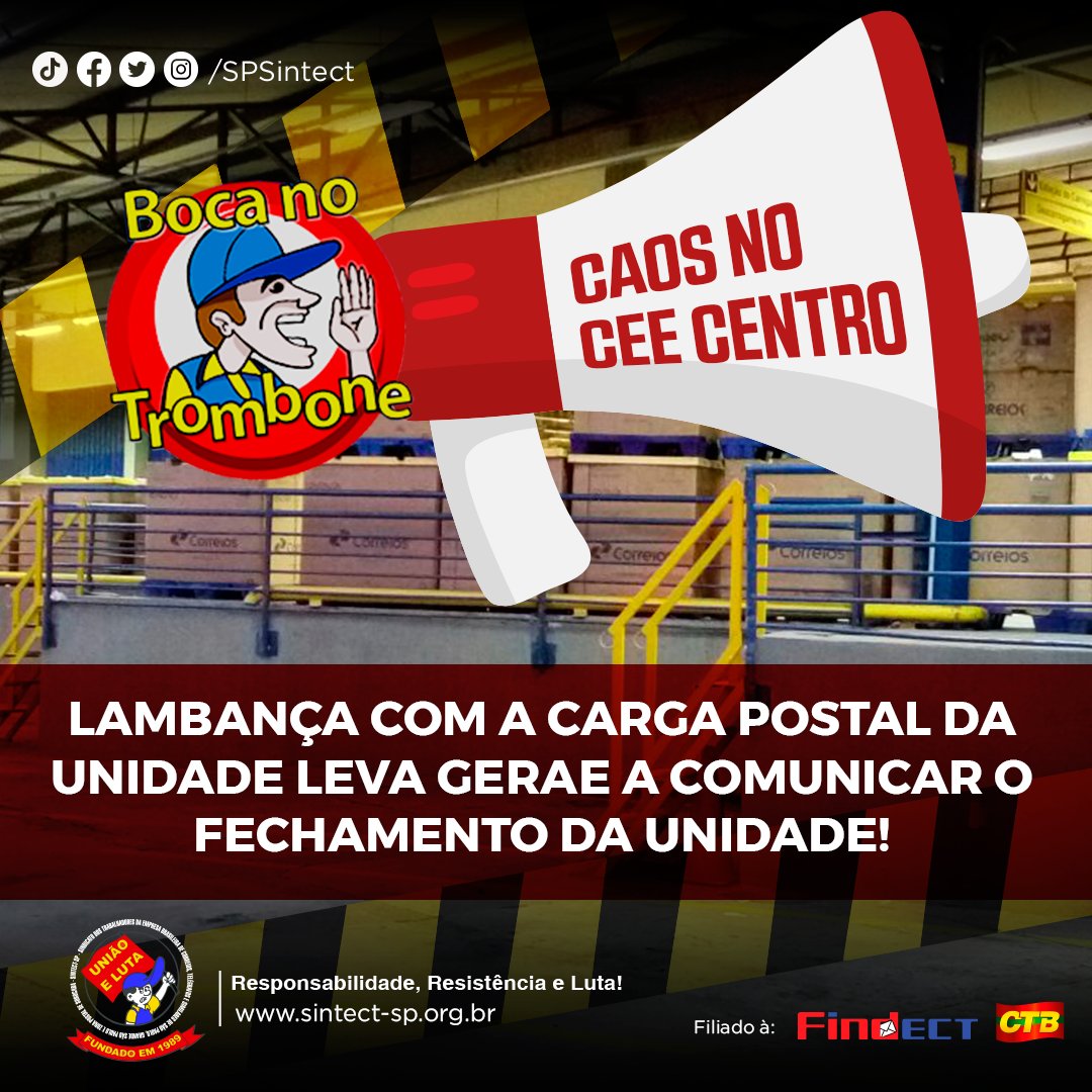 SPSintect's tweet photo. CEE CENTRO | Caos no CEE Centro: Lambança com a carga postal da unidade leva GERAE a comunicar o fechamento da unidade!

Saiba mais: https://t.co/gBcrDu7KVG

#BocaNoTrombone #Correios #SintectSP #CeeCentro https://t.co/y6NyOzXYnQ