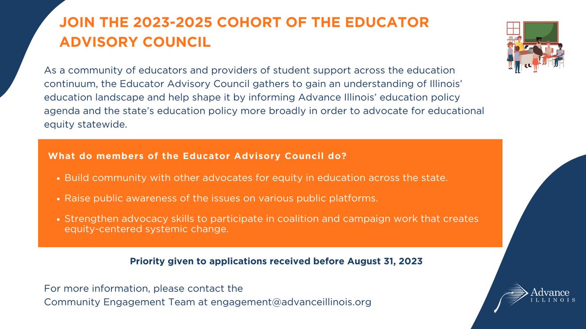 advanceillinois's tweet photo. Applications are now open for the 2023-2025 cohort of the Educator Advisory Council! Click ahead for more information, and to apply or nominate a candidate: https://t.co/a44bh20v2T https://t.co/uqoDcm2J7j