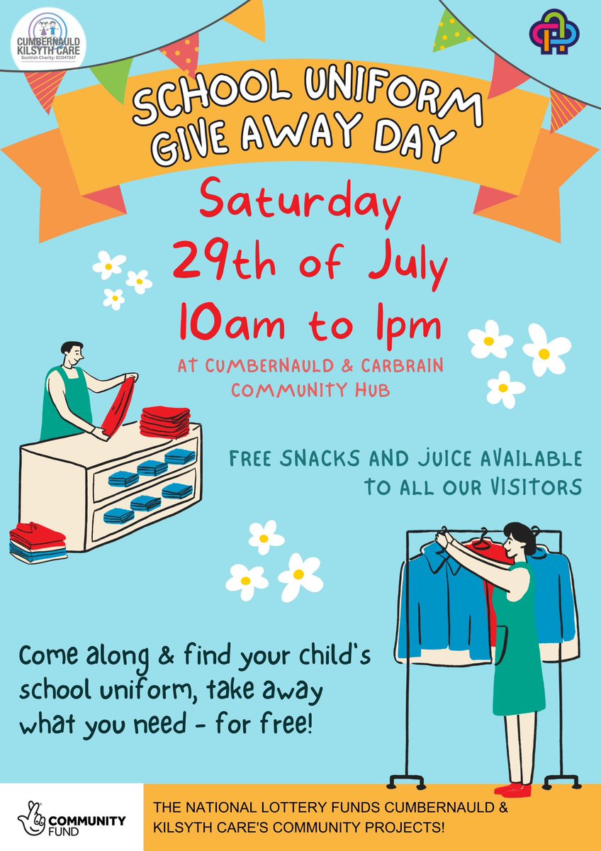 Cumbernauld & Carbrain Community Hub (@carbrainh) on Twitter photo We have paired up with <a href="/CumbKilsythCare/">Cumbernauld & Kilsyth Care</a> to host a free school uniform giveaway this Saturday from 10am - 1pm!
Why not come along & pick out some uniforms, have a cuppa and even make use of our £2.50 Community pantry which will also be open. We have paired up with <a href="/CumbKilsythCare/">Cumbernauld & Kilsyth Care</a> to host a free school uniform giveaway this Saturday from 10am - 1pm!
Why not come along & pick out some uniforms, have a cuppa and even make use of our £2.50 Community pantry which will also be open.