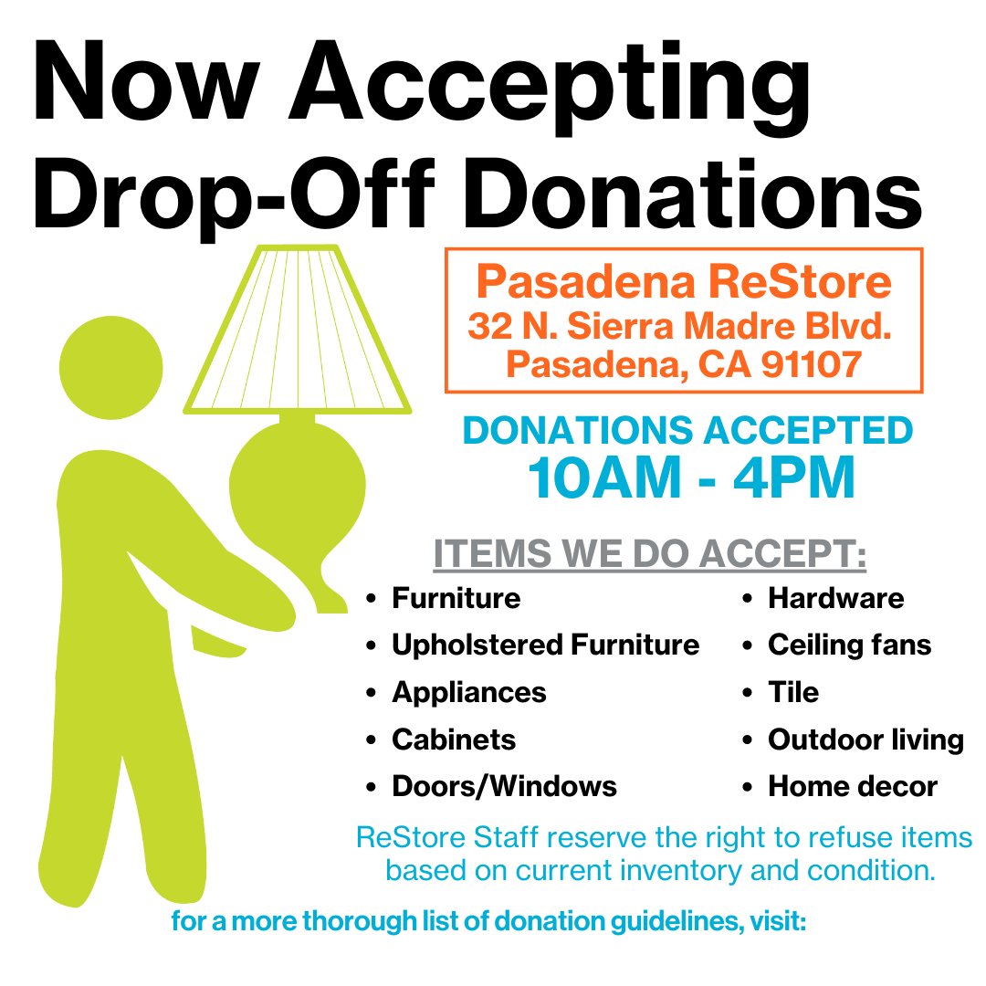 sgvReStores's tweet photo. Did you hear the news? Our Pasadena ReStore is now accepting drop-off donations. When cleaning, remodeling or moving, you often run into household items you no longer use, but that are still in great condition. Bring them by our Pasadena ReStore Tuesday- Saturday, 10am to 4pm. https://t.co/hcXISKJPCq