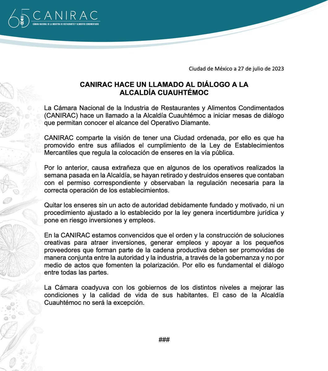 La @CANIRAC hace un llamado a la Alcaldía Cuauhtémoc a iniciar mesas de diálogo que permitan conocer el alcance del Operativo Diamante

<a href="/AlcCuauhtemocMx/">Alcaldía Cuauhtémoc</a> <a href="/SandraCuevas_/">Sandra Cuevas</a>