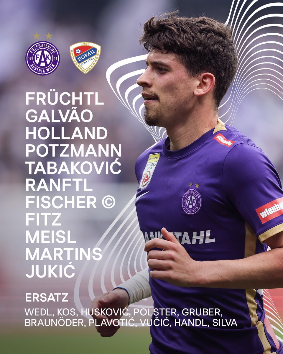 FKAustriaWien's tweet photo. Unsere Startelf gegen Borac 👏💜
#faklive #FAKFKB #UECL https://t.co/mw5jYrjZ68