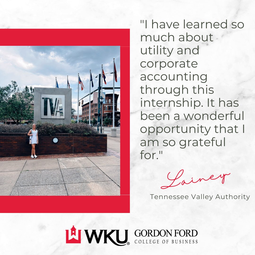 🏦 Junior Accounting major, Lainey Alexander is interning with the Tennessee Valley Authority. 

 #wku #internship #appliedlearning #nationalinternday23 #appliedlearning