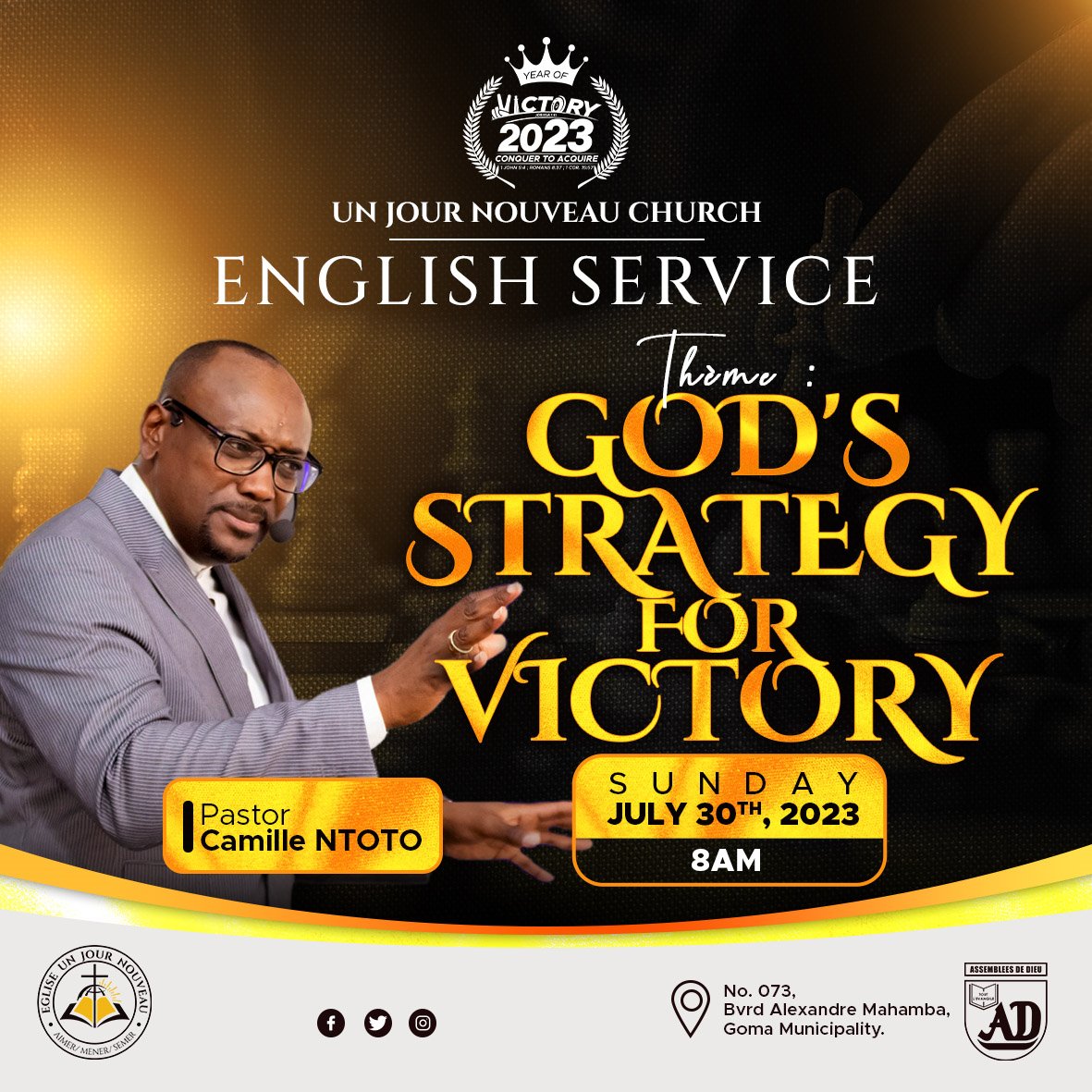 UJN_Asbl's tweet photo. God's strategy for victory
Sunday, July 30th, 2023 
8AM
#egliseunjournouveau 
#EnglishService https://t.co/cnCDj5DDBA