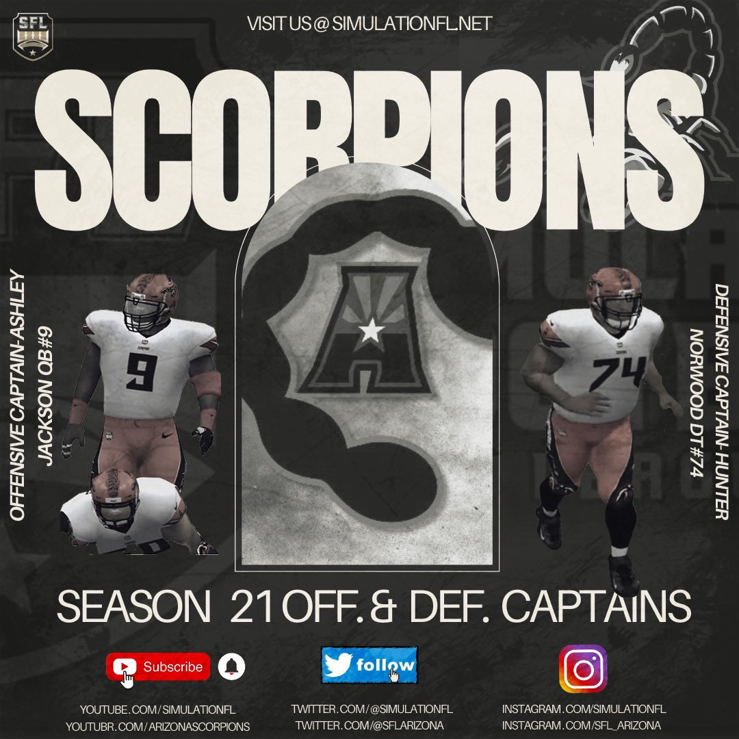 After a close voting process amongst our players and peers, we are proud to announce our S21 <a href="/SFLArizona/">Arizona Scorpions</a> Offensive and Defensive captains! True leadership 🫡🦂🔥 expecting y’all lead us to an <a href="/simulationfl/">Simulation Football League</a> championship <a href="/AjTravon2222/">Ashley Jackson</a> Hunter Norwood #feelthesting #SFL #fyp