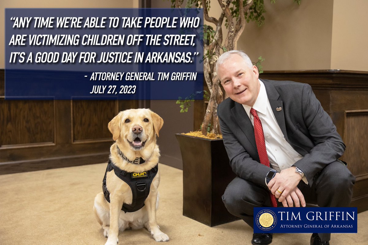 AGTimGriffin's tweet photo. When we’re able to take people who are victimizing children off the street, it’s a good day for justice in AR. My investigators, including K9 Lucy, arrested a man for distributing, possessing or viewing sexually explicit matter involving a child. 
https://t.co/HjSb24tTbT #arnews https://t.co/uFzNqYg46J