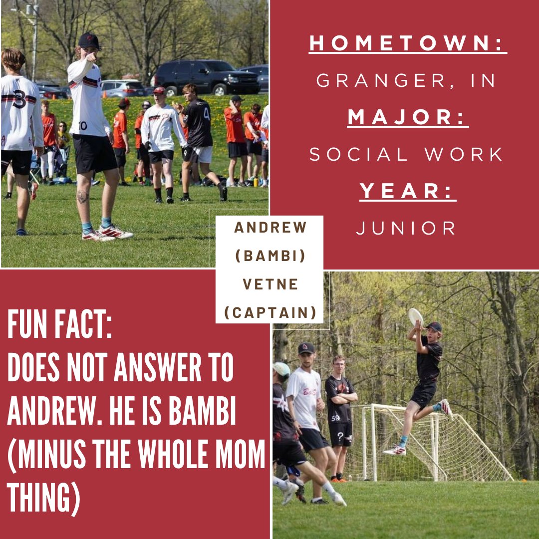 Up next in the player spotlight series...

❗❗ Andrew (Bambi) Vetne ❗❗

Bambi is a 3rd year Mama and 1st year captain, leads the league in spirit MVPs won, is always there to pick up his teammates, and loves frisbee on a nearly unfathomable level. We are lucky to have him🥰