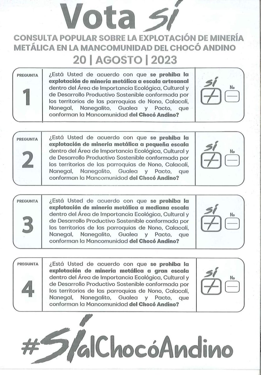 AcEcologica's tweet photo. VOTA 4 VECES SÍ 🗳️

El 20 de agosto votemos 4 veces Sí, por el Agua, aire y la biodiversidad de Quito. 🌳🐦💦

El Chocó Andino es Quito, por eso yo le digo a Quito 4 veces sí.

POR GUALEA, PACTO, NANEGAL, NANEGALITO, NONO Y CALACALÍ‼️

SÍ, SÍ, SÍ, SÍ 
Así 👇🏻 https://t.co/z6f78O4XxM
