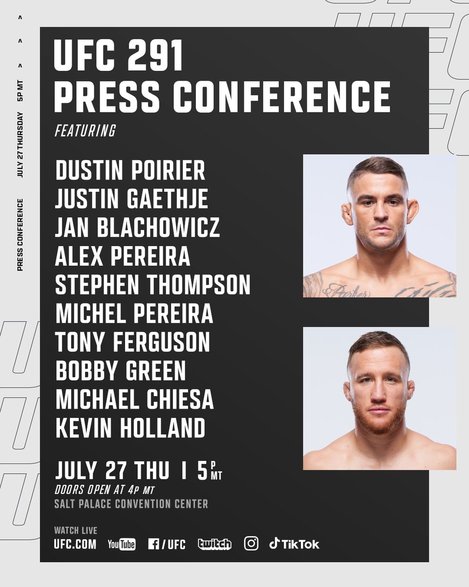 The first set of face offs goes down TODAY 😤

SLC fans, join us for the #UFC291 Press Conference! 

🔗 ufc.ac/3Y8WExp | Doors 4pmMT 📍 Salt Palace Convention Center - West Side Entrance