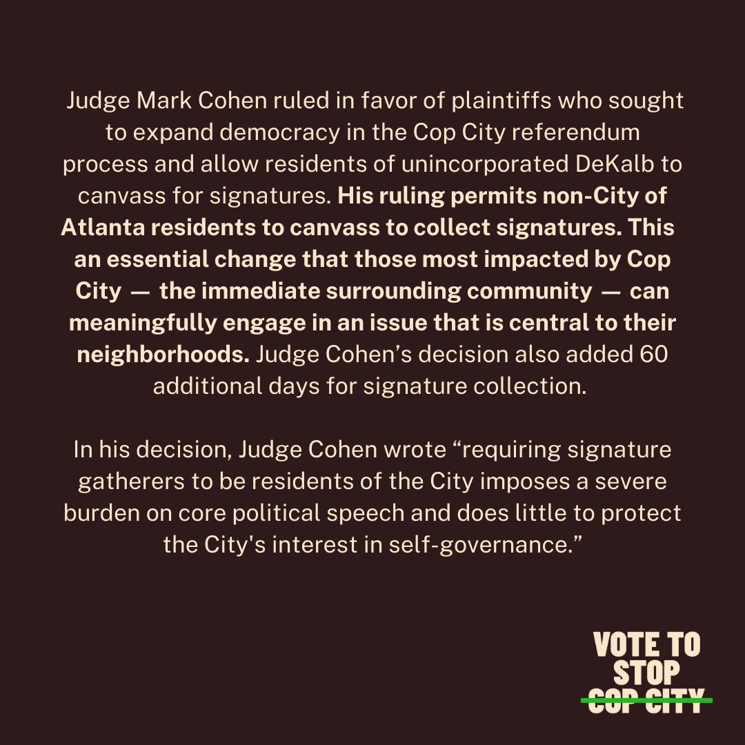 BREAKING NEWS: A judge has OVERTURNED residency requirements for petition canvassers, and EXTENDED the timeline for signature collection! Read more about what this means and our statement here. Cop city will never be built. #stopcopcity