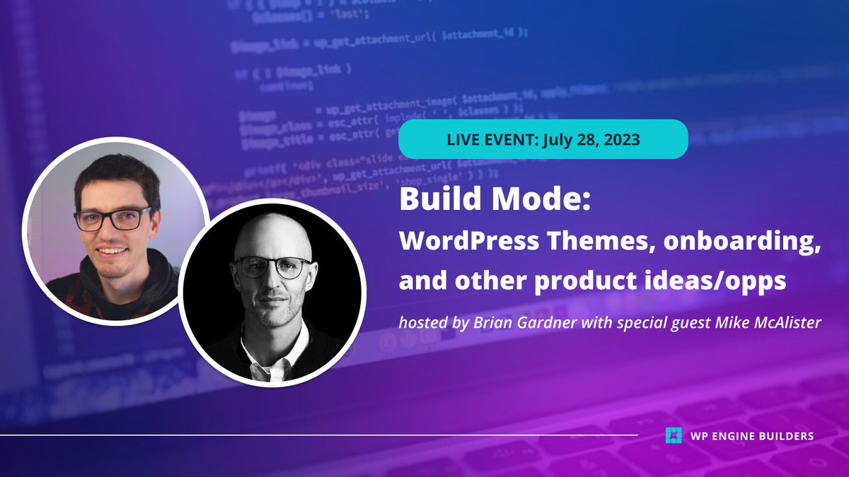 bgardner's tweet photo. Get ready for an exciting Build Mode tomorrow! We’ll discuss themes, onboarding, and product ideas/opps.💡We’ll be joined by special guest, the #WordPress wizard himself, @mikemcalister! 🧑‍🚀 Don't miss it! #BuildModeLive

Grab your spot 👉 https://t.co/xHMVKiPBAt https://t.co/WjKl6bMahD