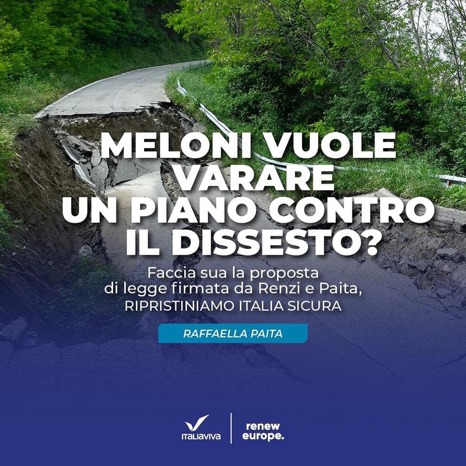 C’è una proposta di legge a firma Renzi-Paita, già depositata in parlamento da inizio legislatura, sul ripristino dell’Unità di missione Italia Sicura.

Se davvero la premier #Meloni vuole varare un serio piano sul dissesto #idrogeologico, come ha annunciato, può fare sua quella