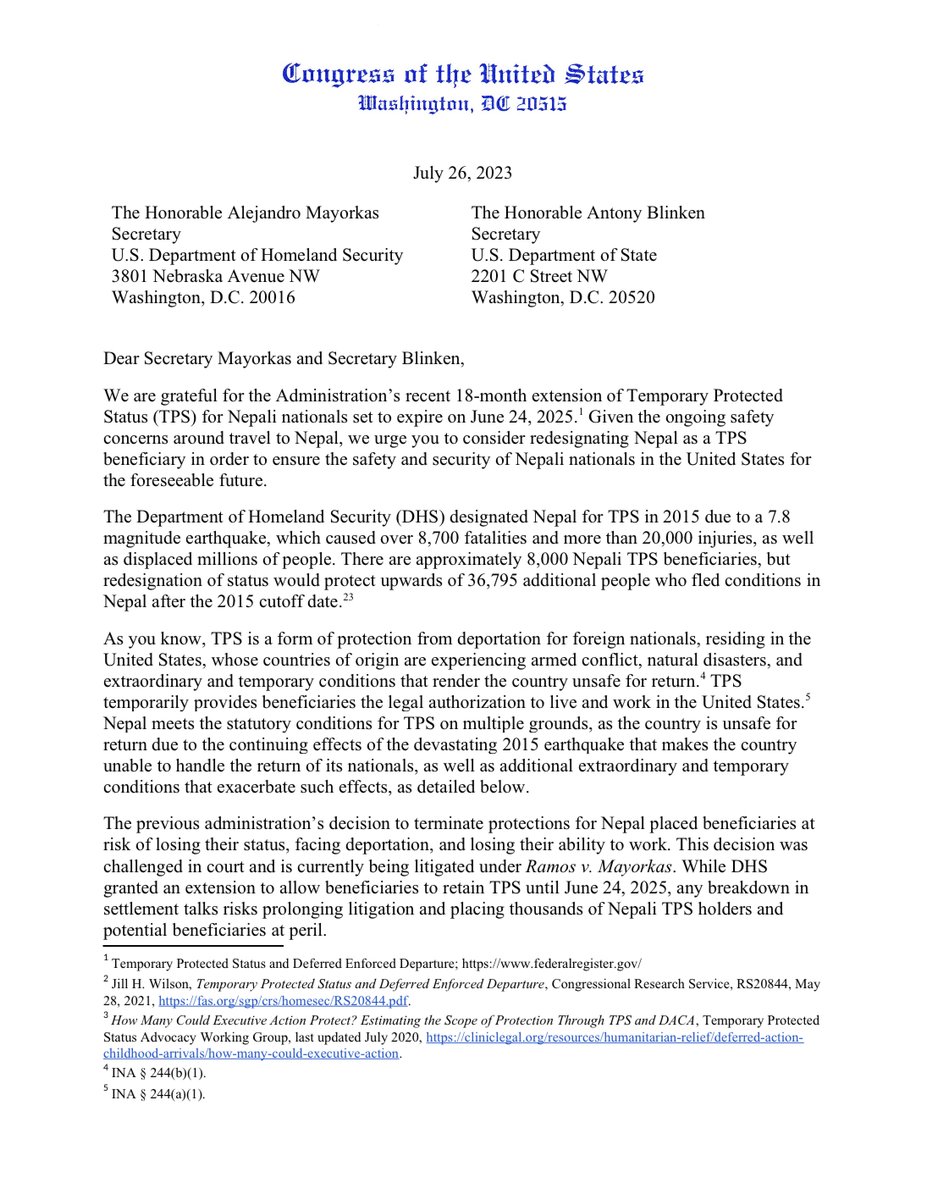 adhikaar's tweet photo. 🚨TODAY: 59 local, state, &amp; national orgs endorsed a Congressional letter led by Representatives @RepGraceMeng &amp; @NydiaVelazquez, &amp; co-signed by 24 of their colleagues - calling on the Biden administration @POTUS, @SecMayorkas, &amp; @SecBlinken to redesignate TPS for Nepal🇳🇵[1/10] https://t.co/p87UbR3LQB