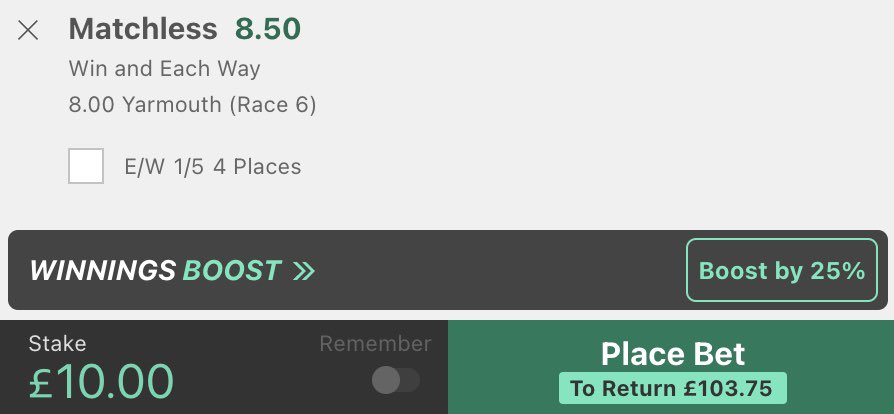 Stan4Chain's tweet image. 20:00 Yarmouth 🐎

🔹Stake £10 on Matchless to win on Bet365 with winnings boosted 🟢

🔹Lay £10 on Matchless to win on Smarkets ⚫️

🔹Risk Free shot at £23.75 🔥

#MatchedBetting #HorseRacing