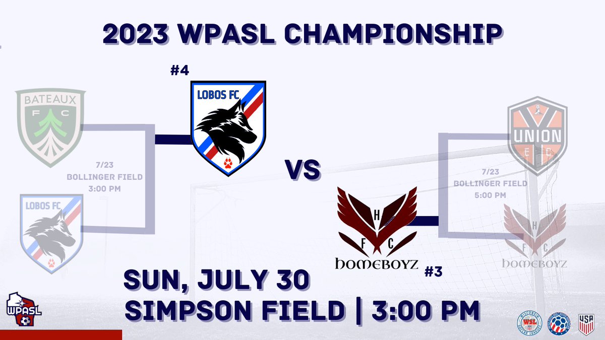 WPASLsoccer's tweet photo. The final matchup is set! 🏆

Get to Eau Claire this Sunday and witness a first-time WPASL Champion 🤩

Admission is $10 general, $5 for kids under 16, free for children aged 0-2.

#WPASLsoccer #SupportLocalSoccer https://t.co/amdGnQ0L1n