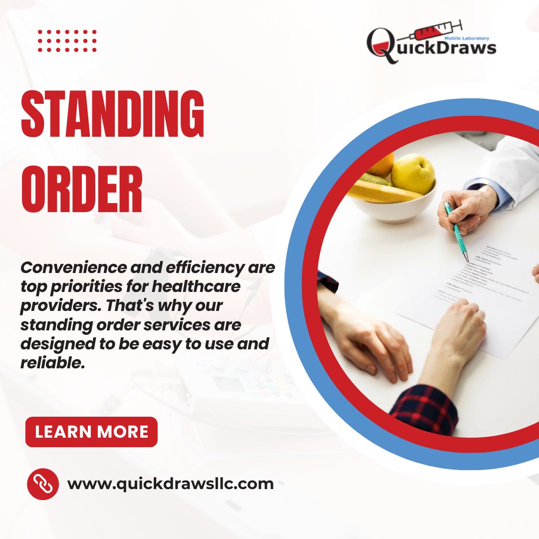 QuickdrawsLab's tweet image. 🏥Seeking convenience and efficiency in healthcare? Look no further! Our Standing Order services have got you covered.

🔔Learn More about how we streamline your medical processes and make your life easier! CLICK quickdrawsllc.com 📲

#HealthcareSimplified #EfficiencyFirst