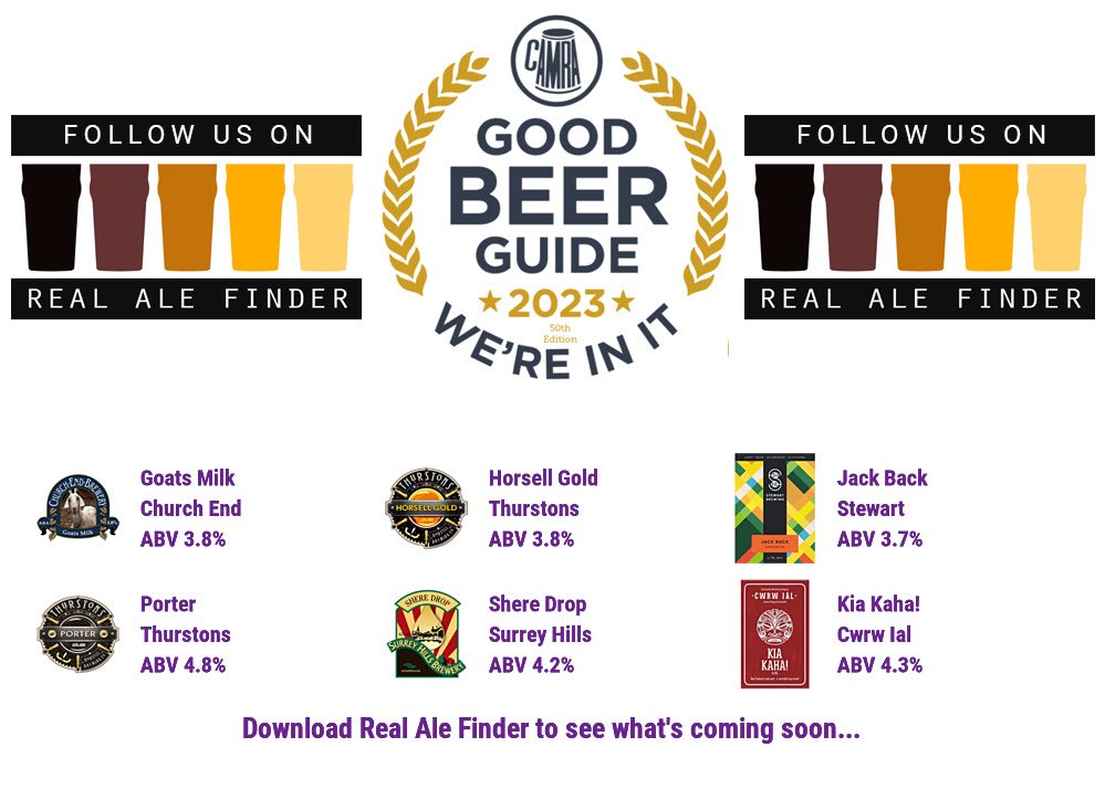 On the bar today!
Beer Board: bit.ly/3u7U2mj
#goodbeerguide <a href="/CAMRA_Official/">CAMRA</a> <a href="/churchendbeer/">Church End Brewery</a> <a href="/Thurstonsbrew/">Thurstons Brewery</a> <a href="/StewartBrewing/">StewartBrewing</a> <a href="/SurreyHillsBrew/">Surrey Hills Brewery</a> <a href="/CwrwIalBrew/">Cwrw Ial</a> 
#RealAleFinder